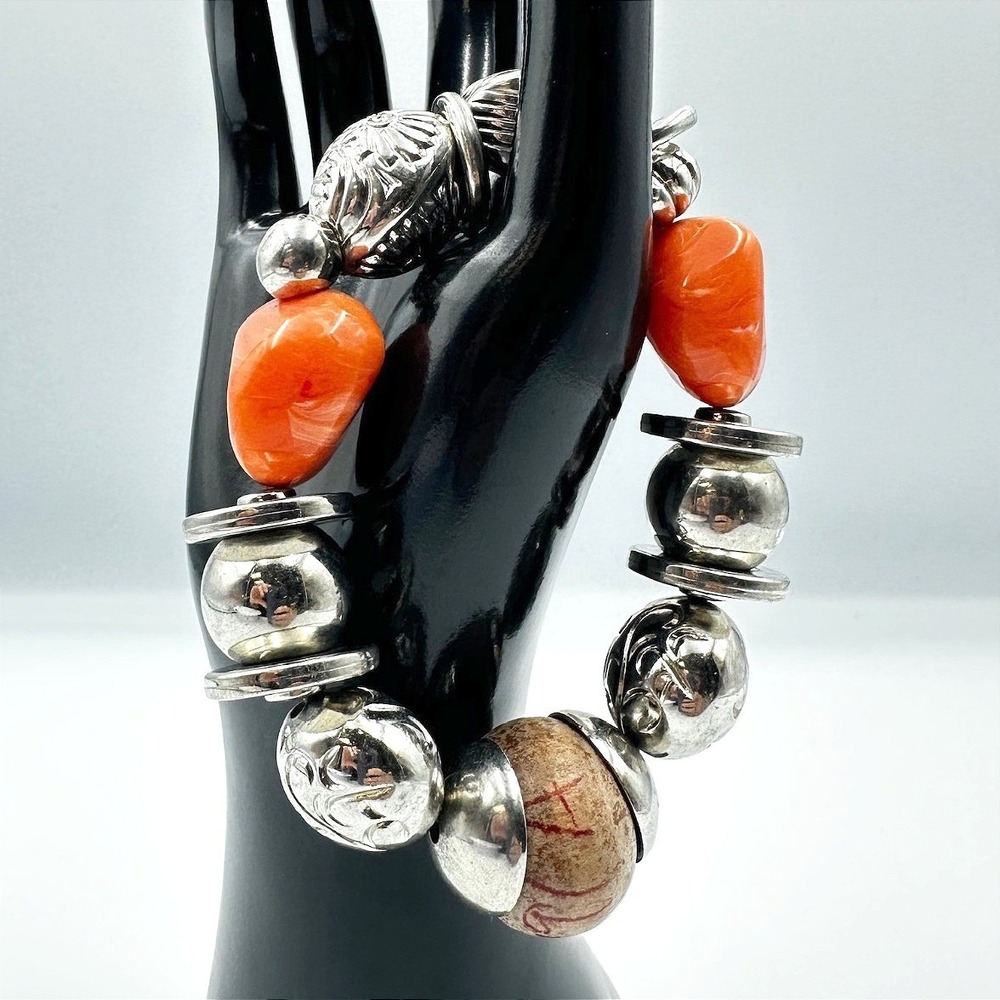 VTG Silver Tone Chunky Stretch Bracelet Orange Stone Bead Stamped Southwestern
